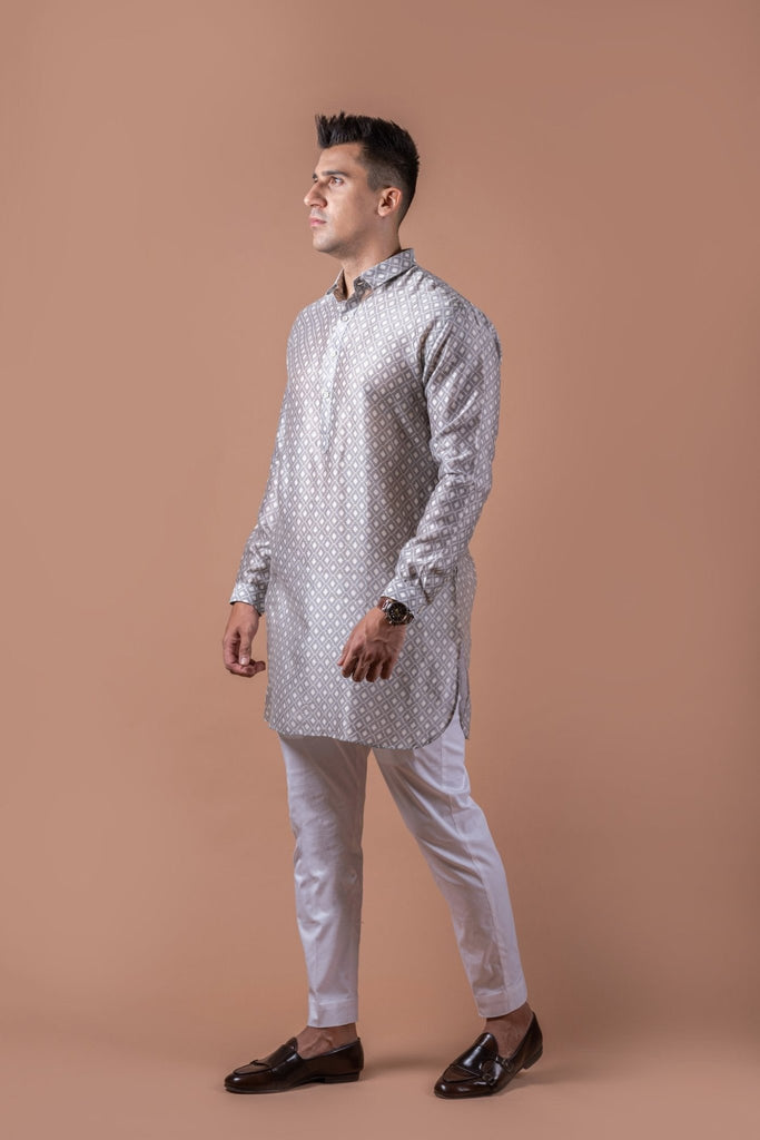 Grey White Self Chanderi Kurta Set - Wardrob